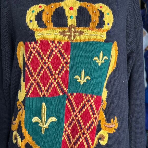 Vintage 90s Marisa Christina Black Knit Crewneck Crest Coat of Arms Sweater - Picture 9 of 13